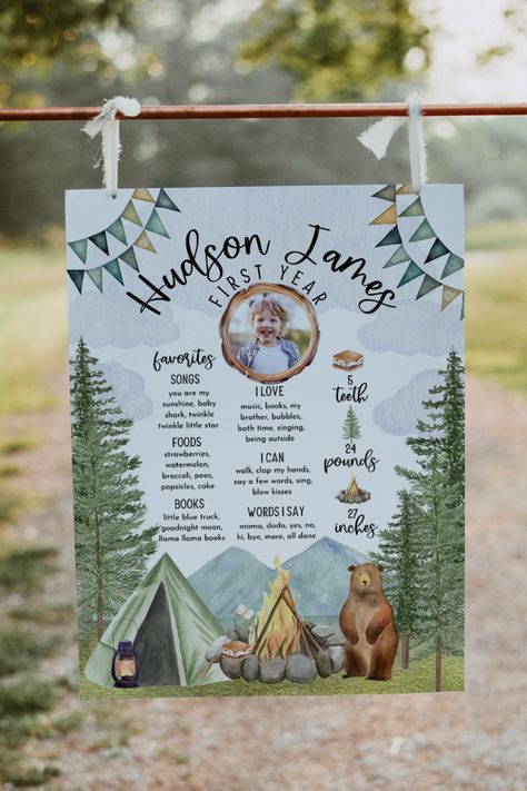 Birthday Party Ideas Fall, One Happy Camper Birthday Party, Fall Birthday Party Ideas, Camper Birthday Party, One Happy Camper Birthday, Happy Camper Birthday Party, Kiss Books, One Happy Camper, Year Poster