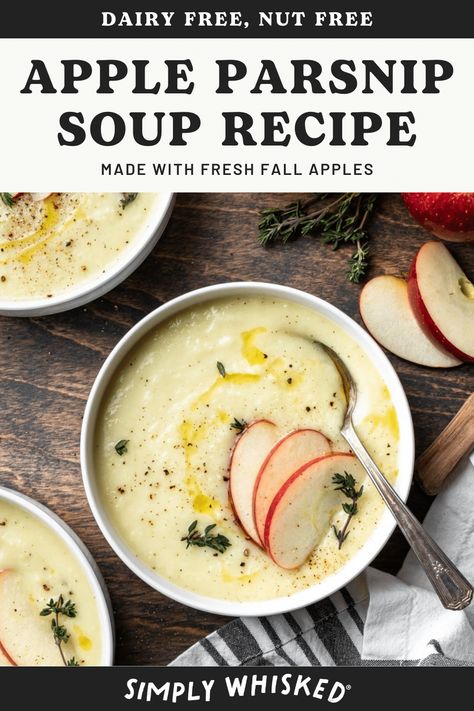 This apple and parsnip soup recipe is made with a few simple ingredients and yields a creamy soup with the perfect balance of sweet and savory. It's a unique way to incorporate fall apples in a savory recipe, and makes a perfect starter to any meal. Apple Parsnip Soup, Parsnip Apple Soup, Parsnip Soup Recipes, Df Soup, Parsnip And Apple Soup, Carrot And Parsnip Soup, Apple Soup Recipes, Dairy Free Soup Recipe, Dairy Free Recipes Dinner