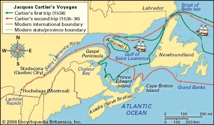 Map/Still:This map details the first two voyages of Jacques Cartier. St Lawrence River, Jacques Cartier, Saint Lawrence, Kids Homework, American Continent, Canadian History, St Lawrence, Journal Writing Prompts, Route Map