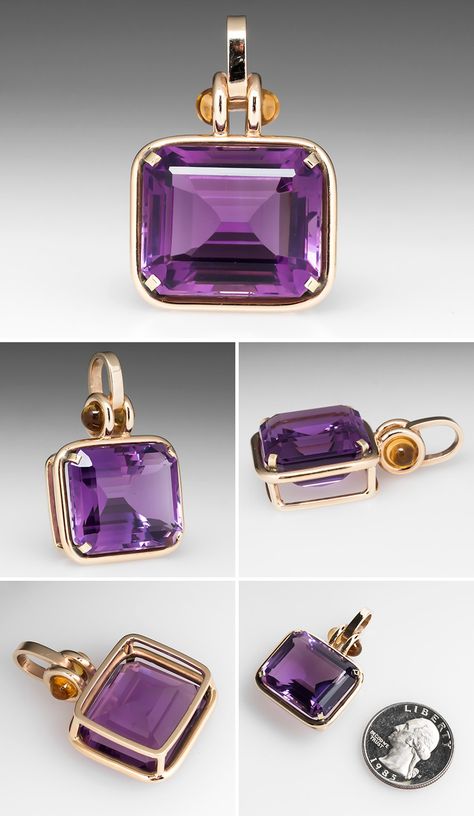 Emerald Cut Amethyst Pendant Citrine Accents 10K Gold Istoria Modei, Amethyst Rings, Amethyst Ring Vintage, Silver Jewelry Diy, Citrine Jewelry, Real Gold Jewelry, Gemstone Pendants, School Jewelry, Amethyst Gold