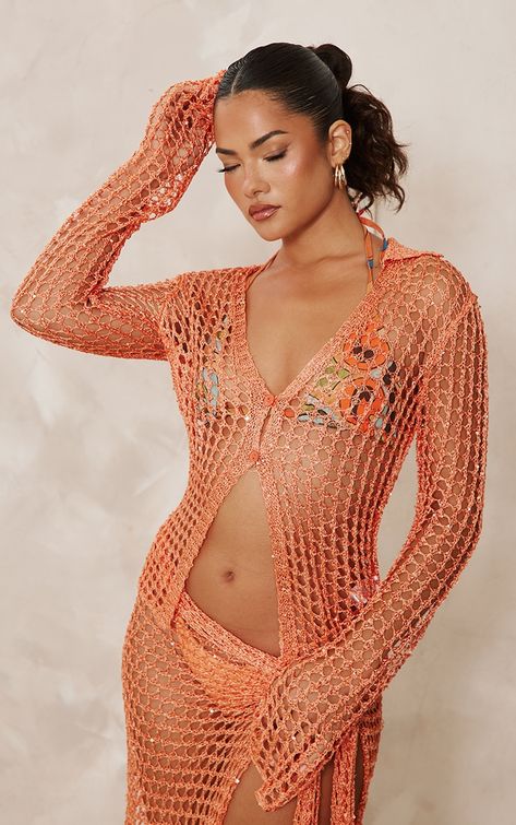 Orange Sequin Knit Beach Shirt | Knitwear | PrettyLittleThing USA Knit Cover Up, Crochet Vacation Outfit, Sequin Knit, Perfect Winter Outfit, Knitwear Style, Bead Knit, Womens Knit Tops, Beach Sarong, Bachelorette Trip