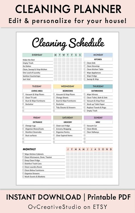 This daily, weekly, monthly cleaning schedule helps you to fit in every house chore and organize your home perfectly. The cleaning checklist makes it easier to track your cleaning every day or week. Pre-filled & unfilled cleaning planners in PDF format. Ways to use this template: - Print & write manually - Edit using Acrobat software, Save, Print - Write digitally on an iPad...#Tidy #Inspiration #Inspo #to #Schedule #Cleaning #for #Guide #Home #a #Ultimate #HomeTrends #The #Creating #a #Ideas House Cleaning Calendar, Blank Weekly Cleaning Schedule, Happy Planner Cleaning Schedule, Cleaning Planner Template, Digital Cleaning Checklist, Blank Cleaning Schedule Printable, Monthly Cleaning Calendar, Daily Weekly Monthly Cleaning Schedule, Cleaning Calendar Printable