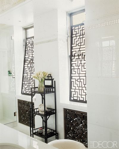 Intricate fretwork panels screen the windows of this Manhattan master bath. Front Door Makeover, Black Front Doors, Asian Interior, Asian Homes, Asian Home Decor, Bathroom Windows, Glass Front Door, Window Room, Door Makeover