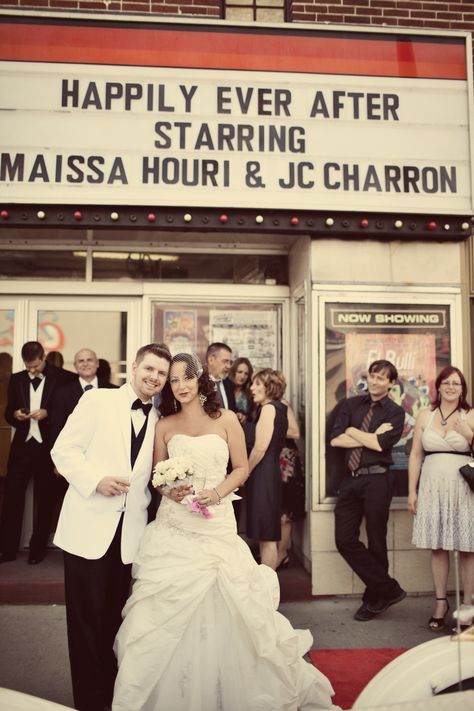 Our names on the marquee -movie theatre wedding Theater Wedding Reception, Movie Theater Wedding Reception, Theatre Wedding Ideas, Theatre Wedding Theme, Theatre Themed Wedding, Theater Wedding Ceremony, Movie Theatre Wedding, Wedding Theatre, 1920s Wedding Decorations