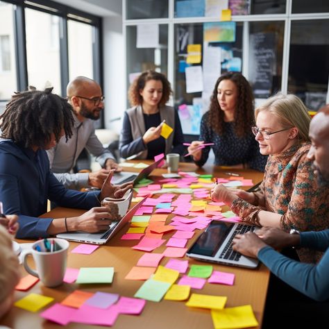 Team Brainstorming Session: Diverse group of professionals engaged in a collaborative brainstorming session with colorful sticky notes on table. #teamwork #collaboration #office #professionals #meeting #brainstorming #sticky notes #discussion #aiart #aiphoto #stockcake https://ayr.app/l/9rhV Meeting Photoshoot, Professional Group Photos, Team Brainstorming, Company Meeting, Corporate Marketing, Professional Group, Team Activities, Diverse People, Team Photography