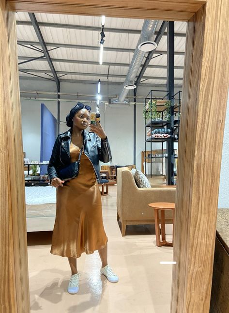 Styling a silk/slip dress with leather jacket Slip Dress With Leather Jacket, Dress With Leather Jacket, Style A Slip Dress, How To Style A Slip Dress, Silk Slip Dress, Silk Slip, How To Style, Slip Dress, Leather Jacket