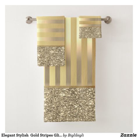 Elegant Stylish Gold Stripes Glitter Shiny Bath Towel Set Bathroom Decor Ideas Gold, Bath Towels Display, Gold Bathroom Decor, Bathroom Towel Decor, Decorative Bath Towels, Gold Bathroom Accessories, House Remodeling, Restroom Decor, Gold Home Decor