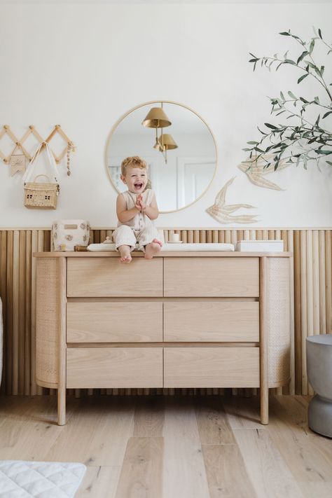 Leoni Colette's Nursery Reveal Nursery Furniture Layout Floor Plans, Nursery Japandi, Wood Dresser Nursery, Neutral Nursery Dresser, Japandi Nursery, Nursery Accent Walls, Nursery Drawers, Oak Nursery, Nursery Dresser Decor