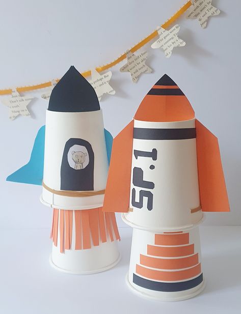 Paper Cup Rocket, Dixie Cup Crafts, Rocket Ship Craft, Rocket Template, Paper Rockets, Space Art Projects, Rocket Craft, Paper Cup Crafts, Diy Rocket