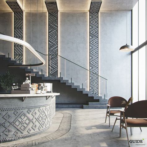 Cafe Se7en on Behance Cafe Stairs Design, Restaurant Stairs Design, Cafe Stairs, Restaurant Stairs, Staircase Wall Design, Bistro Interior, Floor Pattern Design, Restaurant Facade, Floor Pattern