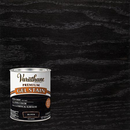 Black, Varathane Premium Gel Wood Stain-358176, Quart: Provides rich, even color quality and exceptional wood grain highlighting. The innovative formula offers exceptional coverage and requires only one coat of stain to achieve maximum color. The fast dry and recoat time allows projects to be completed quicker. These stains are recommended for all interior wood projects such as furniture, cabinets, doors and trim, floors and paneling. Dries to the touch in 1 hour, recoat in 2 hours and top coat Black Wood Paint, Black Stained Cabinets Kitchen, Black Gel Stain Over Honey Oak, Black Stain Cabinets, Black Gel Stain Cabinets, Black Wood Kitchen Cabinets, Grey Gel Stain Over Oak Cabinets, Black Stained Kitchen Cabinets, Wood Gel Stain