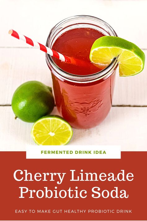 This homemade soda recipe isn’t your typical fizzy drink. It’s packed full of gut healthy probiotics, enzymes and no artificial colors or sweeteners. Cherry limeade soda is one of the most delicious fermented beverages, made with real fruit juice, a little sugar and whey. Start fermenting a bottle of this probiotic soda today! Probiotic Whey Soda, Diy Probiotic Soda, Prebiotic Soda Recipe, Homemade Soda Recipe, Water Keifer, Probiotic Soda, Fermented Soda, Soda Drinks Recipes, Fermented Beverages