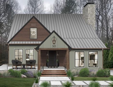 Cottage House Exteriors, Sherwin Williams Evergreen Fog, Rustic Paint Colors, Green Exterior Paints, Green Exterior House Colors, Evergreen Fog, Cottage House Exterior, Cottage House Designs, Modern Cottage Style