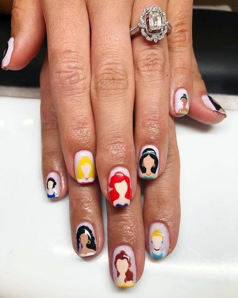 Different Disney Character Nails, Mickey And Friends Nails, Disney Food Nails, Disney Characters Nail Art, Disney Nails Characters, Princess Disney Nails, Princess Nails Disney, Disney Nails Princess, Disney Nail Designs Princesses