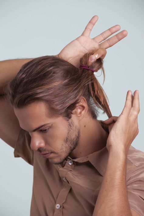 Man Men Tied Hairstyles, Tie Hair Pose Reference, Tying Hair Up Pose Reference Male, Tying Ponytail Pose, Tying Hair Back Reference, Man Tying Hair Pose, Tieing Hair Up Reference, Hair Tying Pose, Tying Hair Reference