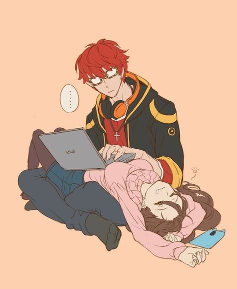 Anime Couples Cuddling, Mystic Messenger Characters, Mystic Messenger Comic, Boyfriend Scenarios, Saeyoung Choi, Mystic Messenger Fanart, Mystic Messenger 707, Romantic Anime Couples, Shall We Date