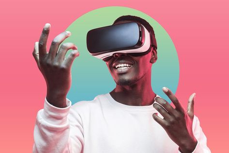 Retro futuristic portrait of young black man exploring metaverse in vr goggles for smartphone touching something in air, reaching hands. Modern gadget and innovative technology Futuristic Portrait, Ancient Future, Vr Goggles, Modern Gadgets, Smartphone Technology, Innovative Technology, Retro Futuristic, Young Black, Black Man