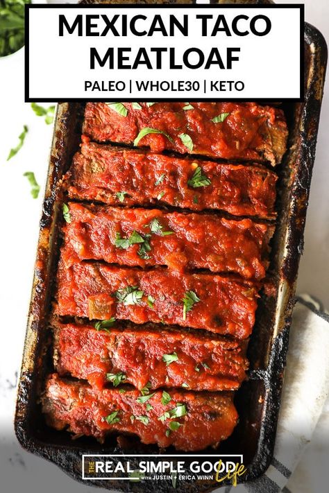 This easy Mexican taco meatloaf is filled with juicy taco flavor and topped with salsa. Easy prep and only 3 main ingredients in this Keto and Whole30 dish! All the best taco flavors in this fun low-carb recipe. Perfect for meal prep and it's freezer friendly too! | realsimplegood.com #paleo #whole30 #keto #meatloaf Carnivore Tacos, Taco Meatloaf, Mexican Meatloaf, Salsa Easy, Low Sugar Dinners, Paleo Meatloaf, Keto Meatloaf, Low Carb Low Fat Recipes, Whole30 Keto