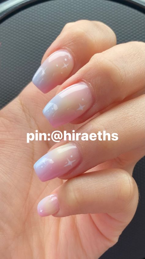 pastel pink & blue & yellow airbrushed gel nails inspired by Taylor Swift’s Lover abum cover with white sparkles ; sunset/sunrise Bridal Shower Nails, Taylor Swift Nails, Gel Polish Nail Designs, Pink Tip Nails, Gel X Nails, X Nails, Nails Inspired, Builder Gel, Pink Blue Yellow