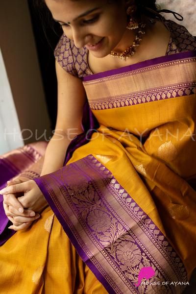 Yellow Pattu Saree Wedding, Designer Blouses For Sarees, Haldi Rasam, Blouses For Sarees, Mustered Yellow, Yellow Silk Saree, Saree Color Combinations, South Indian Bride Saree, South Indian Wedding Saree