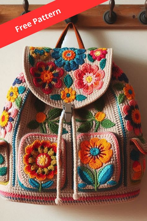 Learn how to make a vibrant floral crochet backpack with this detailed pattern. Perfect for adding a handmade touch to your style! Crochet Satchel Pattern Free, Crochet Rucksack Free Pattern, Stylish Backpack, Backpack Crochet Pattern Free, Crochet Pattern Backpack, Crochet Purses And Bags Patterns Free, Cute Crochet Backpack Free Pattern, Granny Square Backpack Free Pattern, Crochet Patterns Bag