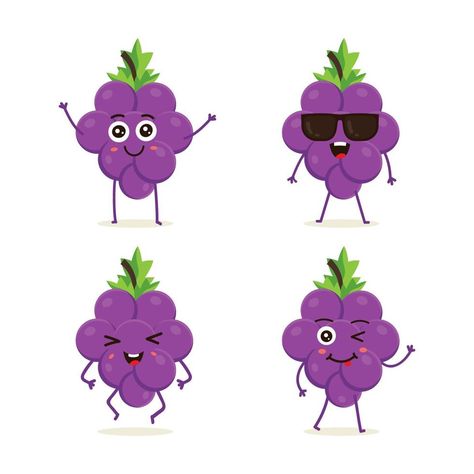 Collection of grape fruit characters in different expressions Spiro Spathis, Grape Character, Grapes Illustration, Monthsary Gift, Baby Cowgirl, Fruit Character, Different Expressions, Green Grapes, Grape Juice