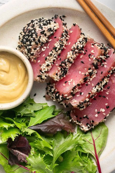 Sesame Crusted Air Fryer Tuna Steak | Every Last Bite Fresh Tuna Steak Recipes Air Fryer, Air Fryer Tuna Steak, Fresh Tuna Steak Recipes, Air Fryer Tuna, Sesame Crusted Tuna, Wasabi Mayo, Tuna Steak Recipes, Raw Tuna, Main Salad