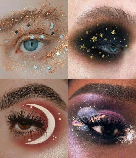 Egirl Baddie Makeup, Experimental Makeup Looks, Moon Eye Makeup, Moon And Stars Makeup, Moon Goddess Outfit, Constellation Makeup, Eccentric Makeup, Celestial Makeup, Art Eyeshadow