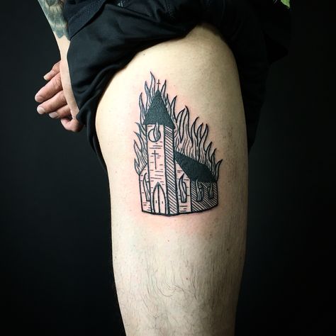 Church On Fire Tattoo, Burning Church Tattoo Design, Haunted House Tattoo, Church Tattoo, Tattoo House, Goth Tattoos, Bridge Tattoo, Church Catholic, Hipster Tattoo