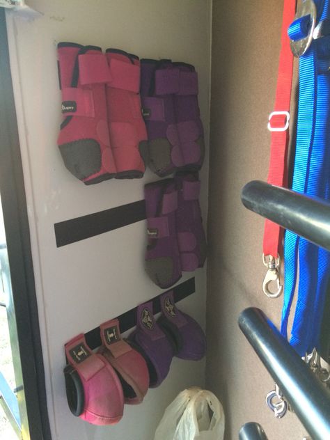 Excellent way to store sport boots and bell boots in the trailer! Tack Rooms Ideas, Trailer Tack Room Ideas, Horse Trailer Tack Room Ideas, Horse Trailer Tack Room, Trailer Tack Room, Tack Room Ideas, Horse Trailer Organization, Tack Locker, Tack Room Organization