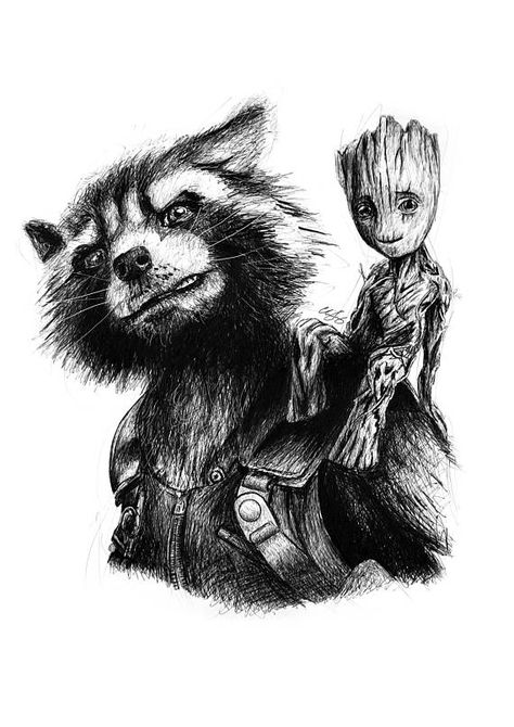 Baby Groot Tattoo, Groot And Rocket, Rocket Drawing, Groot Tattoo, Galaxy Drawings, Rocket Tattoo, Groot Rocket, Avengers Tattoo, Marvel Guardians Of The Galaxy