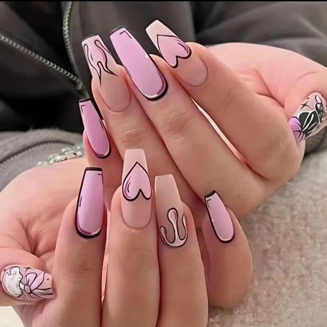 Long Length Matte Pink Cartoon Style Press On Nail Kit. 27 Pink Blue Ombré Nails, Cute Simple Baddie Nails, Butterfly Square Nails, Long Aesthetic Nails, Pink Ghostface Nails, Simple Matte Nails, Bff Codes, Cartoon Nails Acrylic, Checker Nails