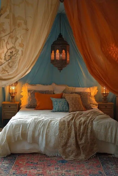 29 Arabian Bedroom Ideas To Bring Moroccan-Inspired Luxury Into Your Home - Courtneys World Arabian Bedroom Ideas, Middle Eastern Bedroom, Arabian Lounge, Arabian Bedroom, Egyptian Bedroom, Arabian Decor, Low Seating, Moroccan Bedroom, Cozy Fall Bedroom