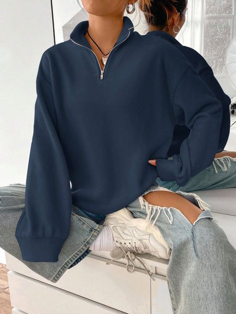 Navy Blue Casual Collar Long Sleeve Knitted Fabric Plain Half Placket Embellished Slight Stretch  Women Clothing Sweat Shirts Women Sweatshirts, Blue Zip Up Outfit, Sweat Shirts Women Outfit, Tomboy Ideas, Half Zip Sweatshirt Outfit, Navy Blue Outfit Ideas, Blue Hoodie Outfit, Hoddies Outfits, Cute Tomboy Outfits