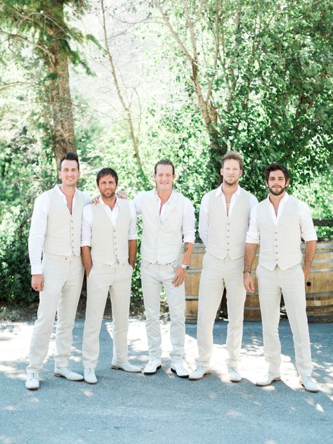 Neutral Colored Groomsman Vests and Suede Shoes White Tuxedo Wedding, Mens Beach Wedding Attire, Groomsmen Vest, Dapper Grooms, Beach Wedding Attire, Mens Wedding Attire, Groom Wedding Attire, Chic Vintage Brides, Chic Brides