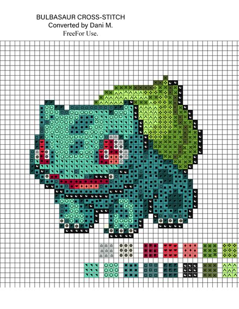 So I found this pixel art online and really wanted to turn it into a crossstitch pattern. So I did that. Free to use, since I didn't make the original pixel art anyway. Fits a regular letter size page when printing. Use DMC or Anchor floss for best results. Cross Stitch Pokemon, Bulbasaur Cross Stitch, Kanto Starters, Pattern Pixel Art, Stitch Pokemon, Bulbasaur Pokemon, Pokemon Cross Stitch Patterns, Pokemon Cross Stitch, Pixel Pattern