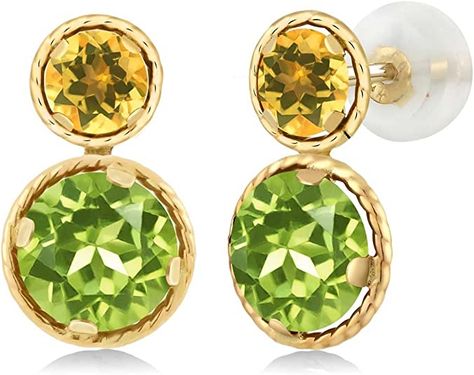 Gem Stone King 14K Yellow Gold Green Peridot and Yellow Citrine Earrings For Women (2.32 Cttw, Gemstone Birthstone, Round Cut 6MM and 4MM) Yellow Gold Drop Earrings, Peridot Earrings, Citrine Earrings, Blue Topaz Earrings, August Birthstone, Anniversary Jewelry, Yellow Citrine, Topaz Earrings, Earrings Women