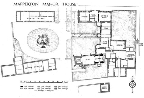 Mapperton Manor House, Dorset, 17th c. Mapperton House Floor Plan, Medieval Manor House Floor Plan, Mapperton House Interior, Dark Academia Floor Plan, Mapperton House, Manor House Plans, Floor Plan Sketch, Exposed Ceilings, English Houses