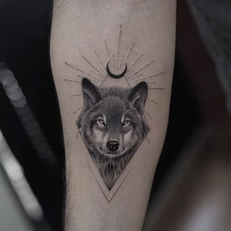 Wolf Moon Tattoo, Wolf And Moon Tattoo, Wolf Tattoos For Women, Geometric Arrow Tattoo, Beer Tattoos, Small Wolf Tattoo, Wolf Tattoos Men, Wolf And Moon, Wolf Tattoo Sleeve