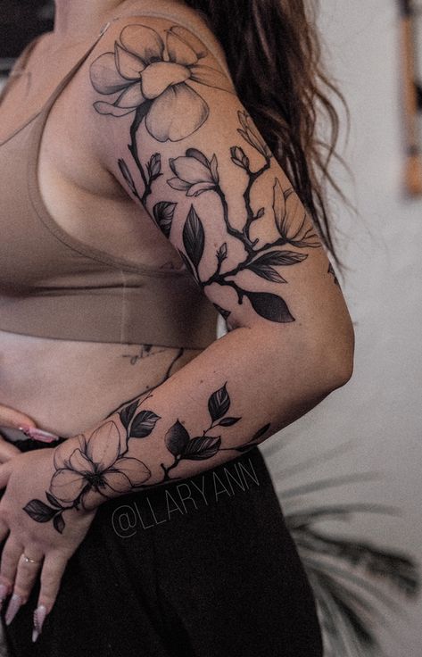 Cloud Flower Tattoo, Regency Tattoo, Vine Sleeve Tattoo, Black Work Flower Tattoo, Outer Arm Tattoo, Gardenia Tattoo, Delicate Tattoos For Women, Estilo Madison Beer, Magnolia Tattoo