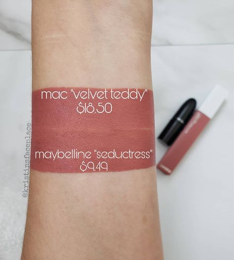 💄⚠️DUPE⚠️💄 @maccosmetics "velvet teddy" is nearly identical to @maybelline "seductress" at about half the price!  full size of macs velvet… Lipstick For Brunettes With Brown Eyes, Mac Velvet Teddy Lipstick, Velvet Teddy Mac, Matte Make Up, Mac Velvet Teddy, Autumn Makeup, Maybelline Lipstick, Lipstick For Fair Skin, Kylie Jenner Lipstick