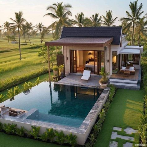 Modern Pool Landscaping, Pool Landscaping Ideas, Tiny House Village, Small Villa, Modern Pool, Farmhouse Architecture, Small Cottage Homes, Bali House, Decoration Shabby