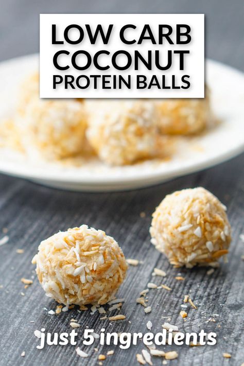 white plate with coconut protein balls and text Keto Energy Bites, Coconut Protein Balls, Protein Balls Healthy, Protein Balls Recipes, Coconut Protein, High Protein Desserts, Healthy Protein Snacks, Protein Powder Recipes, Protein Desserts