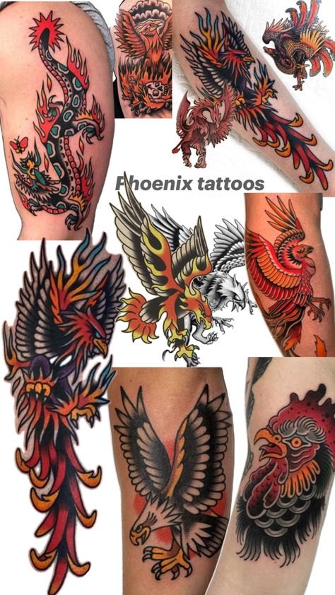 Phoenix tats Fawkes Harry Potter mythical creatures Fawkes Harry Potter, American Tattoos, Phoenix Tattoo, American Traditional, Tattoo Inspo, Traditional Tattoo, Mythical Creatures, Traditional Style, Tatting