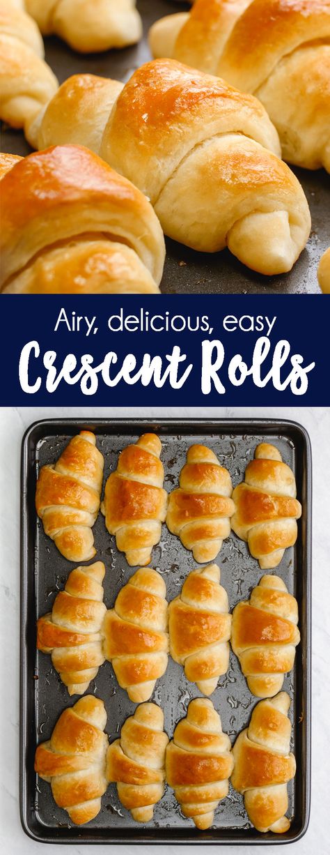 Crescent Rolls: Crescent Rolls: If the smell of fresh baked bread doesn’t get your mouth watering the soft inside and golden crust of these crescent rolls will. It’s definitely a go to recipe for adding a side to any meal. They’re easy, economical, can be made ahead of time, and are oh so delicious.          This is super delicious, and versatile enough for a formal thanksgiving meal or a casual night at home. These are buttery, fluffy pillows of goodness, that are sure to have everyone round Croissant Rolls, Easy Crescent Rolls, Basic Bread Recipe, Sweet Dinner Rolls, Crescent Roll Recipes, Dinner Rolls Recipe, Crescent Dough, Crescent Roll, Fluffy Pillows