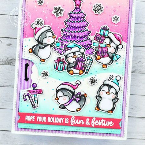 Penguin Holiday Card, Penguin Card, Penguin Party, Purple Color Schemes, Sunnies Studios, Interactive Cards, Christmas Stamps, Cute Penguins, Winter Cards