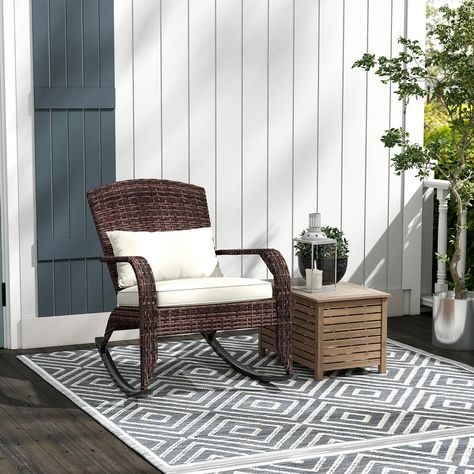 Outsunny Outdoor Wicker Adirondack Rocking Chair, Patio Rattan Rocker Chair with High Back, Seat Cushion, and Pillow for Garden - Bed Bath & Beyond - 39906628 Outdoor Wicker Rocking Chairs, Wicker Rocker, Rattan Rocking Chair, Adirondack Rocking Chair, Wicker Rocking Chair, Rocker Chair, Porch Rocker, Porch And Balcony, Patio Rocking Chairs