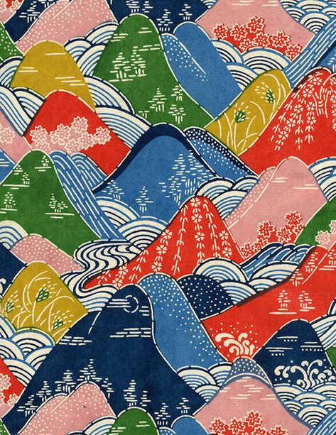 Japanese Washi Paper for Art Design Print Bookbinding Conservation · Washi Arts Design Japonais, Japan Illustration, Motifs Textiles, Colorful Mountains, Seni 2d, Textil Design, Japanese Illustration, Art Asiatique, Mountain Print