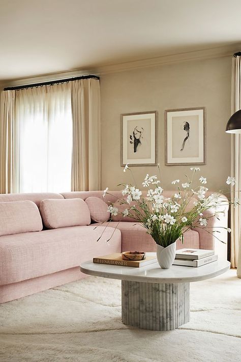 Gwen Sectional Aesthetic Advice, Feminine Living Room, Anthropologie Home, Pink Sofa, Home Styling, Chic Living Room, Marble Coffee Table, Minimalist Living, Living Room Inspiration