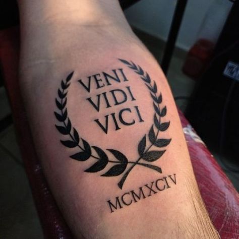 Achievement Men’s Italian Tattoos, Veni Vidi Vici Tattoo Men Arm, Vini Vidi Vici Tattoo Men, Italian Tattoos Men, Veni Vidi Vici Tattoo Design, Vini Vidi Vici Tattoo, Italian Tattoos For Men, Prison Tattoos Ideas, Julius Caesar Tattoo